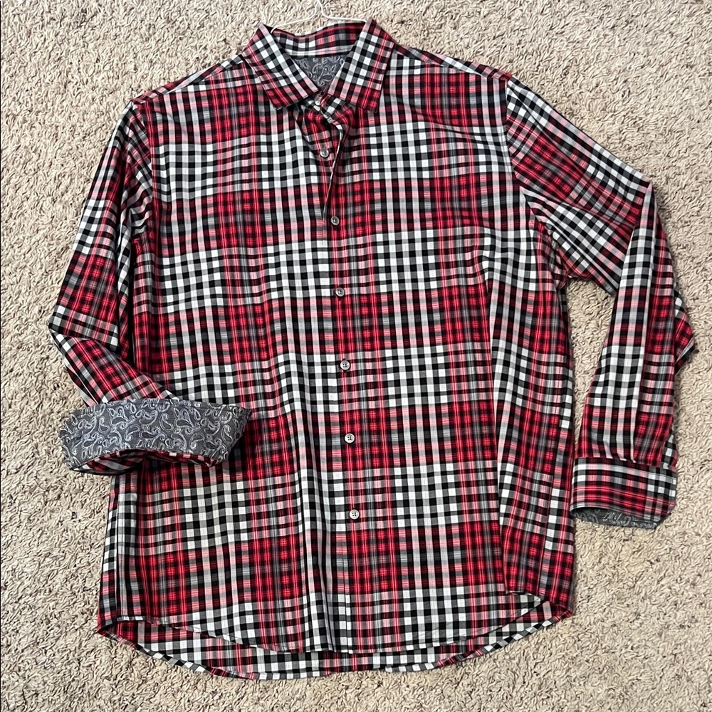 Tasso Elba Red Black White Plaid Casual Button-Down Shirt